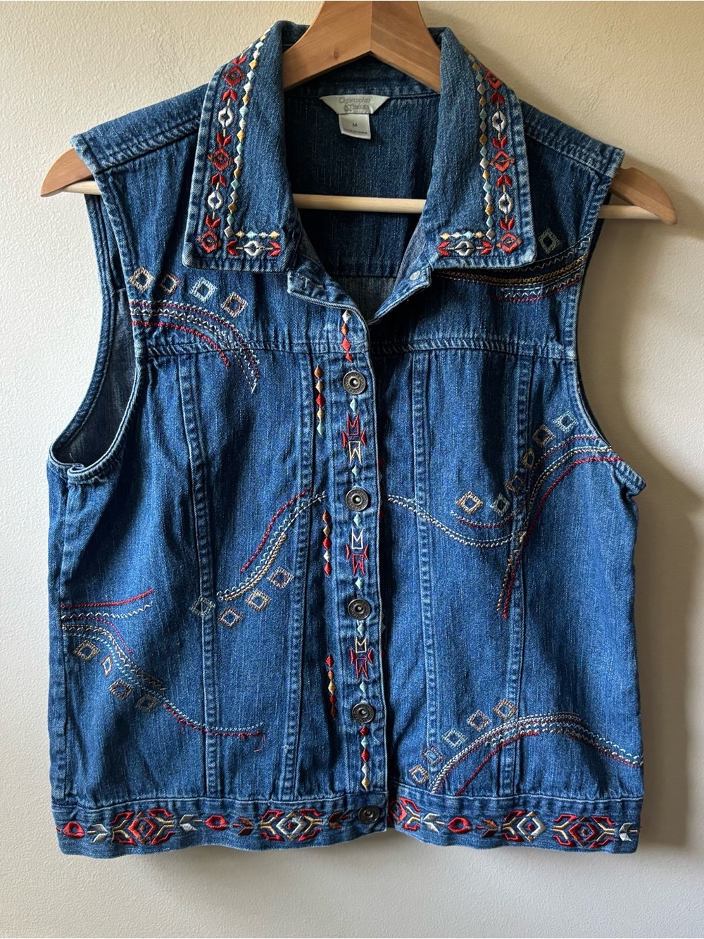 Christopher & Banks 2006 Embroidered Denim Sleeveless Button-Front Vest